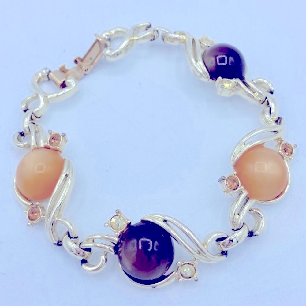 Vintage Gold Brown Moon-glow Thermoset Lucite Rhinestone Bracelet Gold Tone